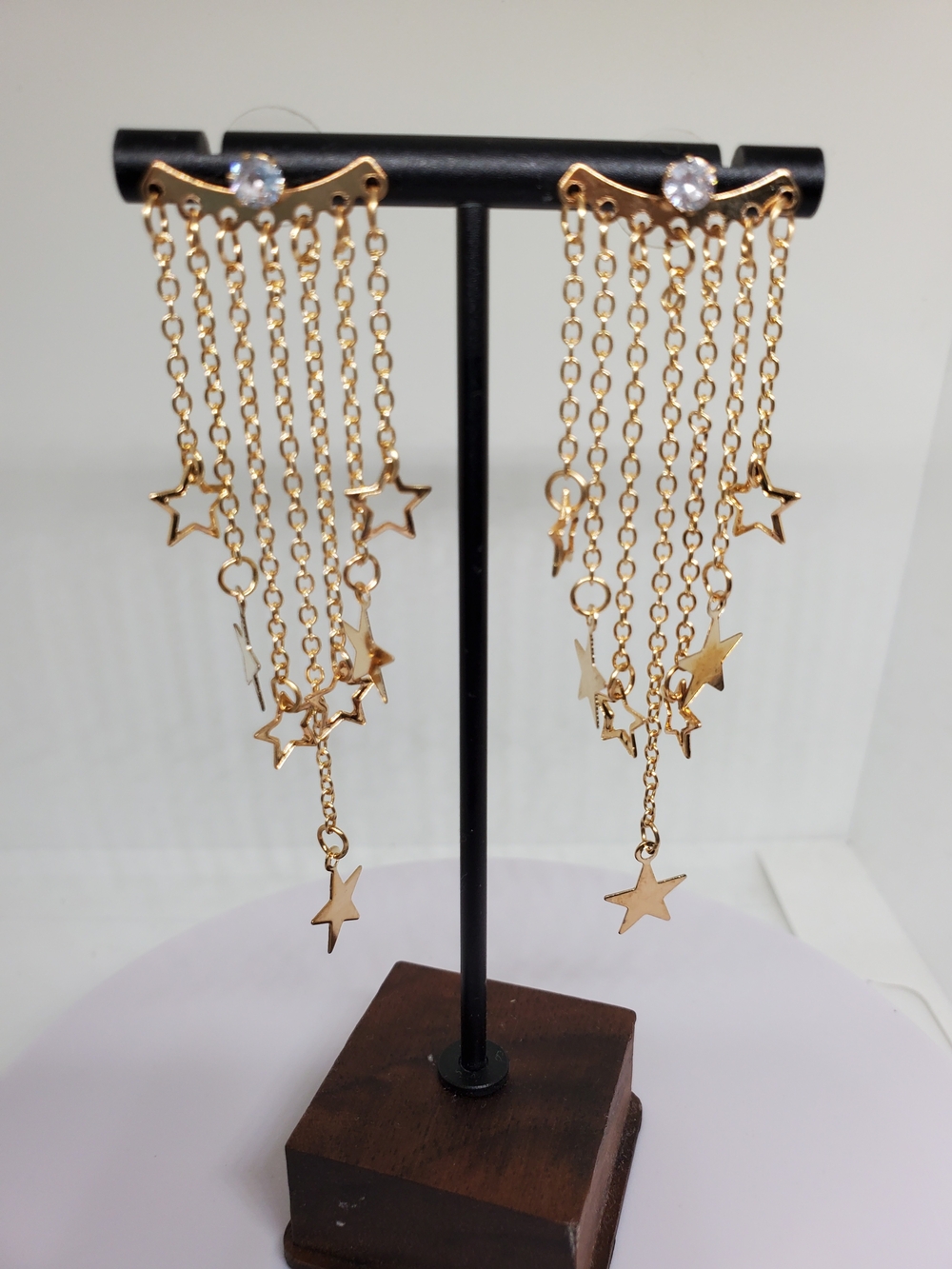 NEW! 14K Gold Plated Star Dangle Earrings with Crystal Accent - Women Jewelry